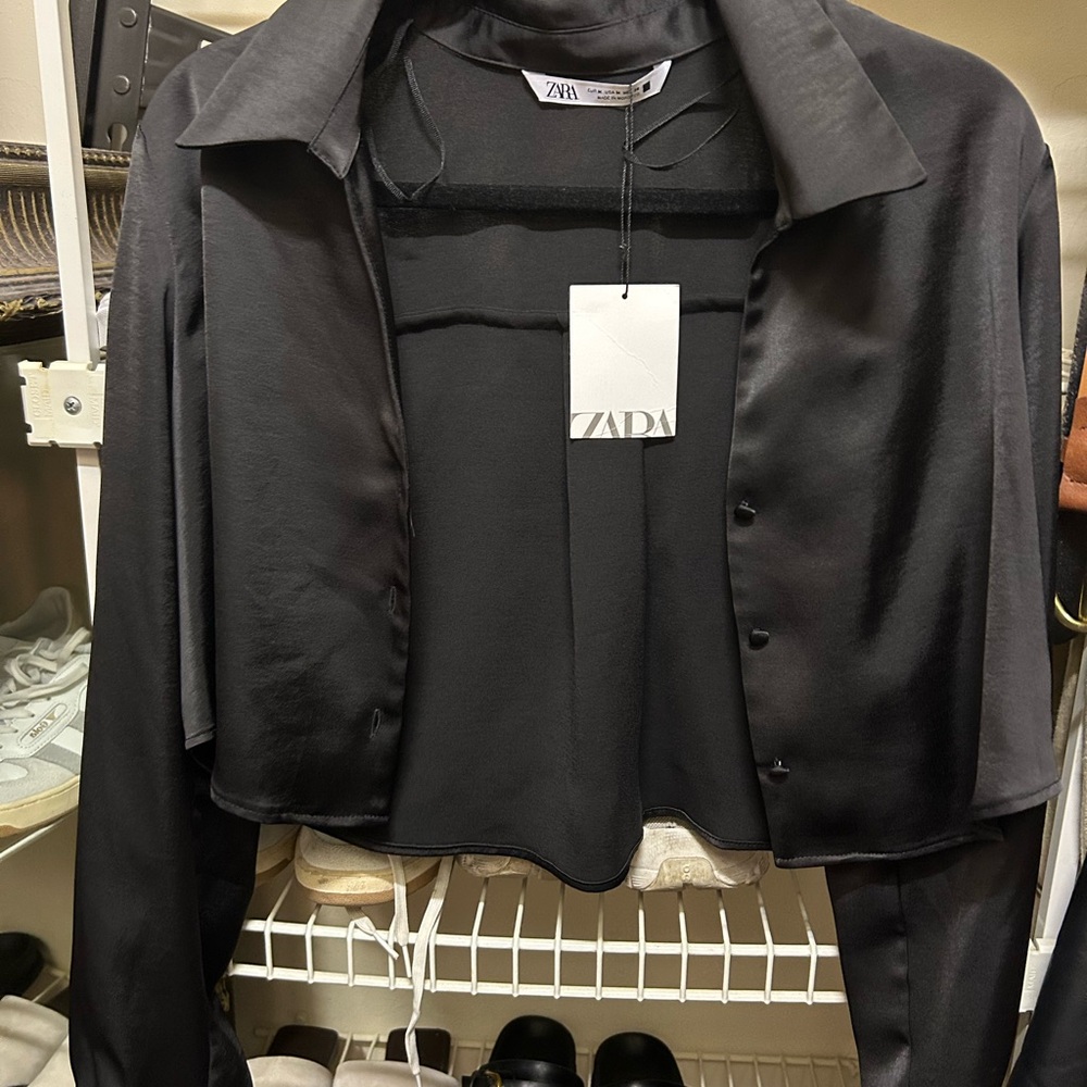 Zara Black Satin Open-Front Blouse